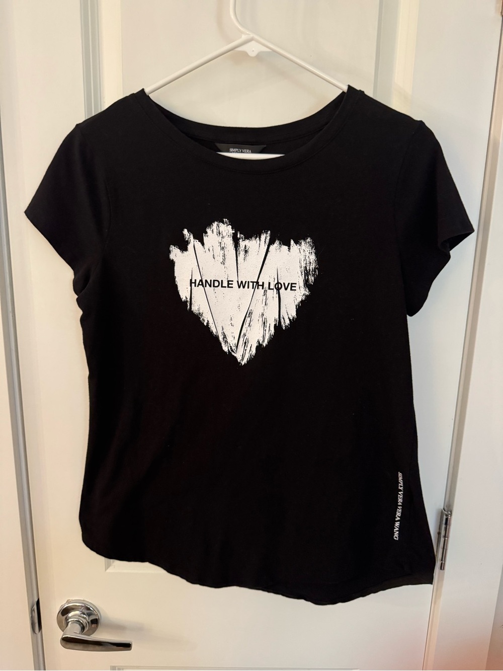 Black Graphic Tee with White Heart Print “Handle With Love” by Vera Wang, size M